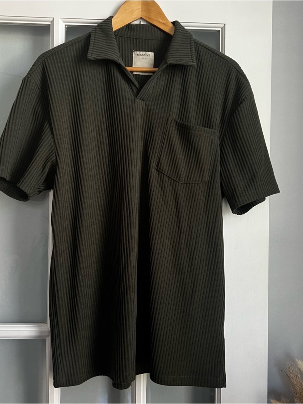Massive Luxury Men's Ribbed Short-Sleeve Polo in Dark Olive